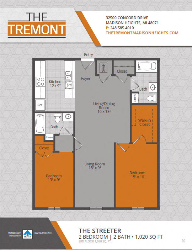 Floor plan for 2 beds, 2 baths, 1020 sqft